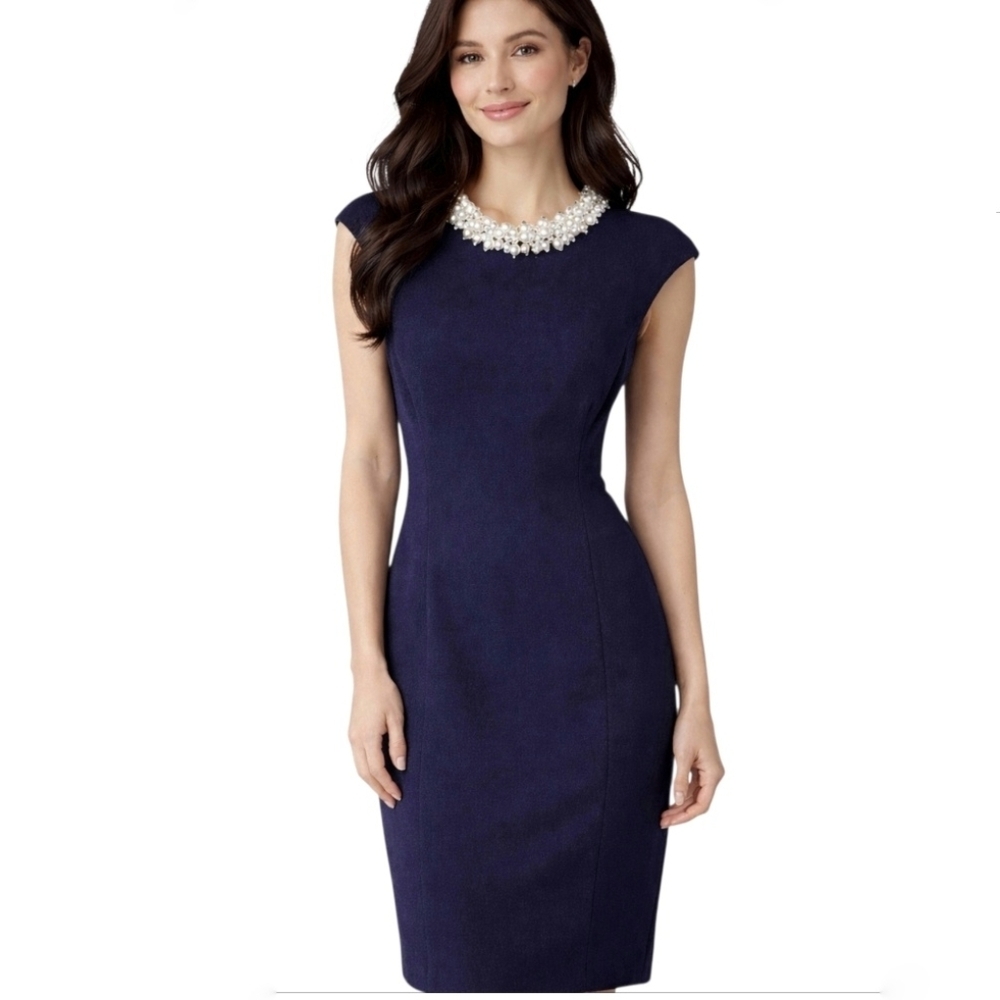 Betsey Johnson Navy Pearls Sheath Cocktail Dress Evening Wedding Occasion 8